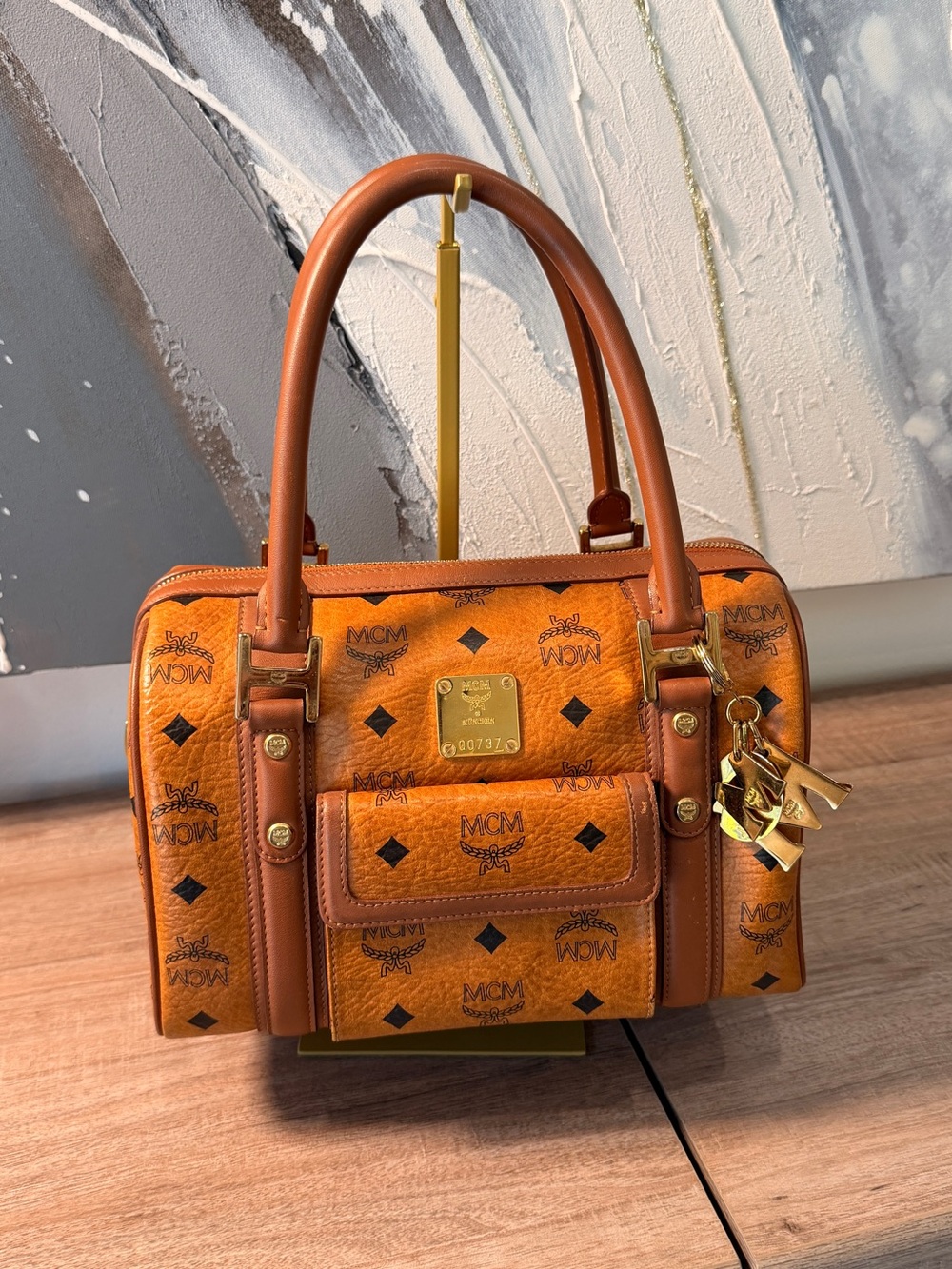 MCM Cognac Visetos Mini Boston Satchel with Gold Hardware